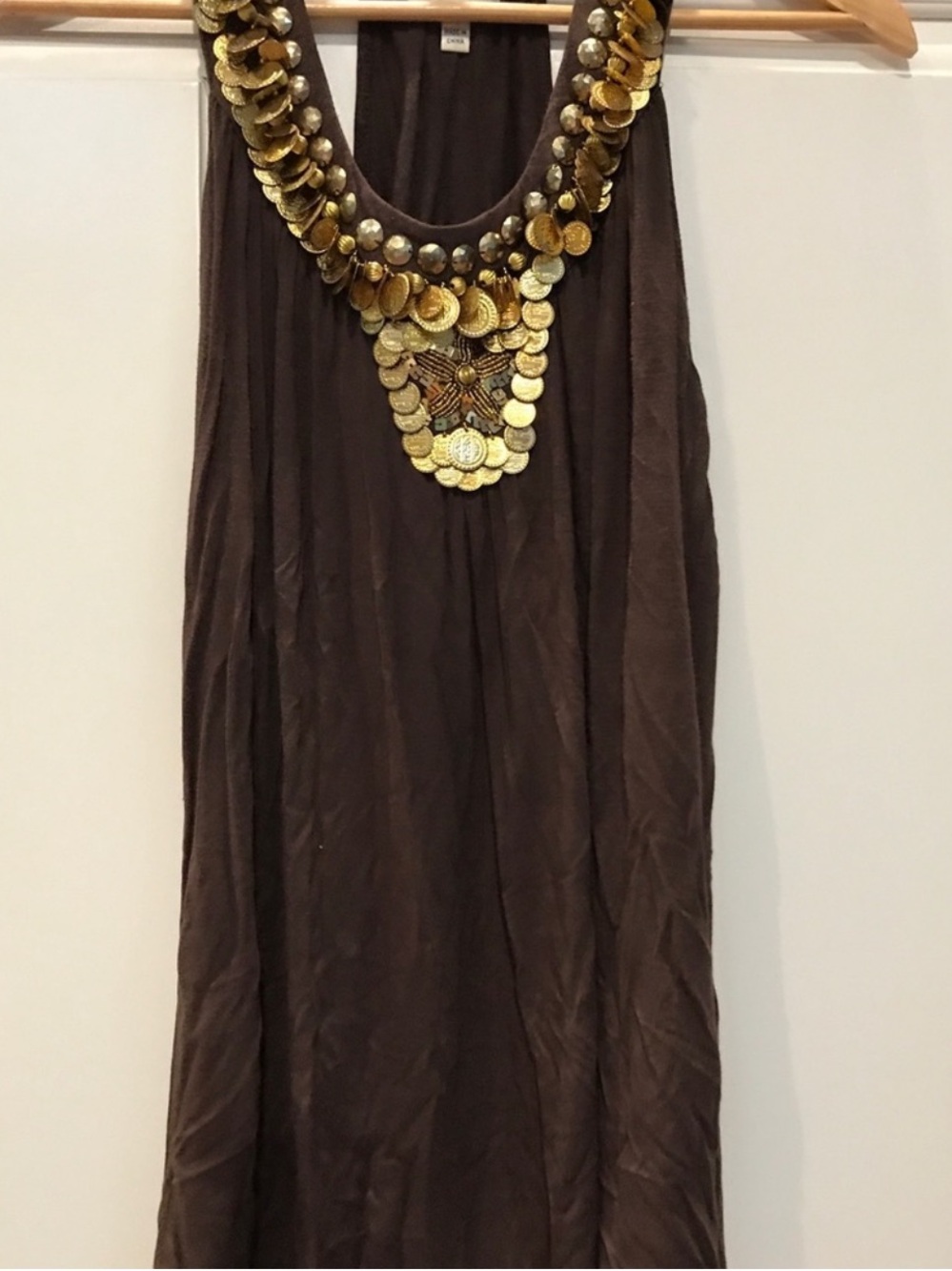 Milly Brown Sleeveless Top with Gold Disc Neckline